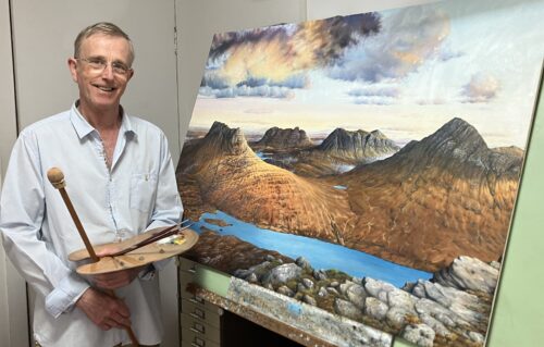 Colin Woolf with large Oil Painting of Assynt